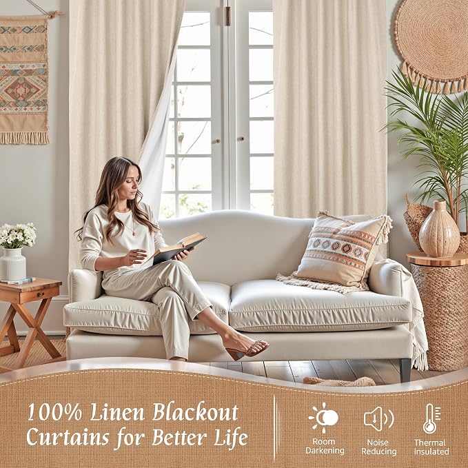 100% Blackout Natural Linen Bedroom Curtains 63 Inches 2 Panels | Thermal - Image 3