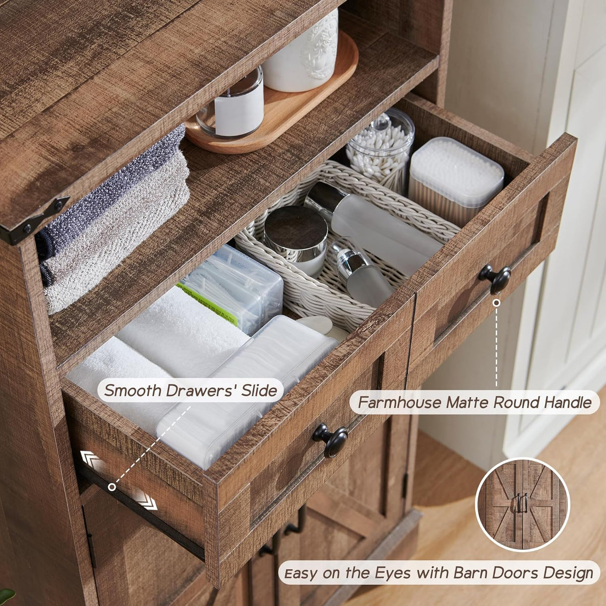 Bathroom Floor Cabinet, Farmhouse 24" Wide Cabinet with Drawer, Adjustable Shelf, Barn Doors, Cabinets for Bathroom, Kitchen, Living Room, Rustic Brown