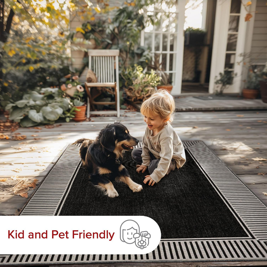 nuLOOM 5' x 8' Outdoor Area Rug, Casual Design With Striped Border, Stain Resistant, Highly Durable, For Patio, Balcony, Bedroom, Living Room, Dining Room, Bathroom, Black