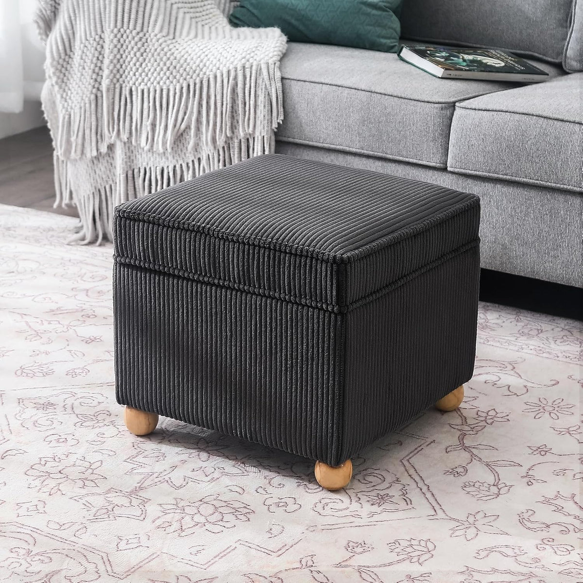 Adeco 17 Inch High Striped Flannel Black Cube Ottoman Storage, 3D Embossed Velvet Chair Foot Stools, Upholstered Vanity Stool with Hinged Lid, Solid Round Wood Legs