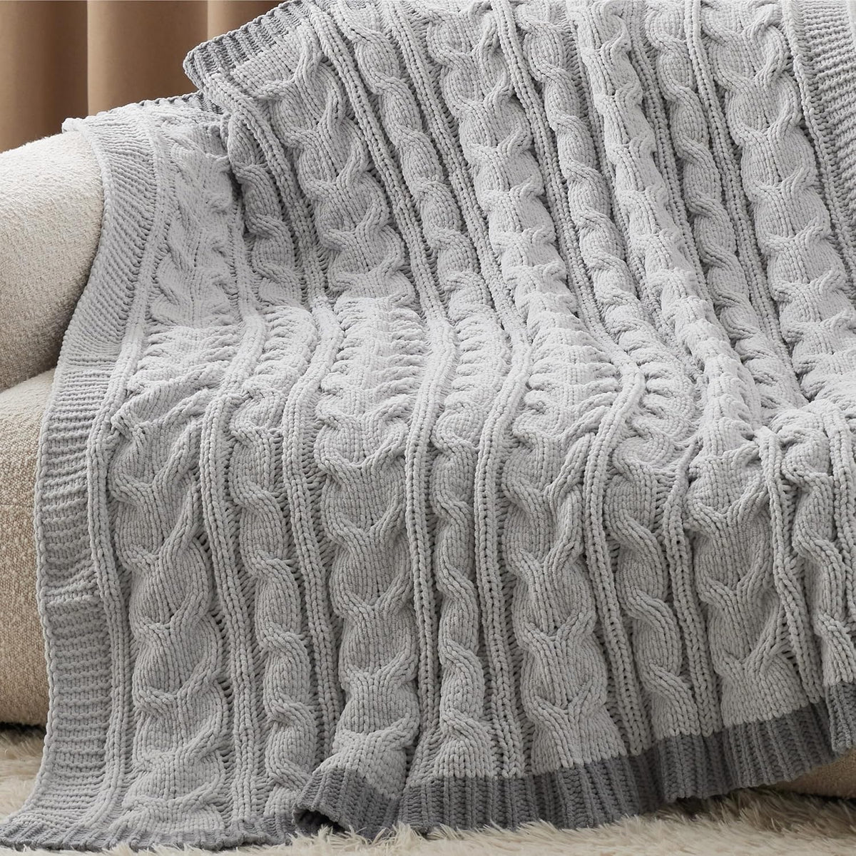 Bedsure Cable Knit Throw Blanket for Couch Bed - Breathable Chenille Chunky Knit Throw Blanket for Decorative Gift, GentleSoft Cozy and Warm for Winter and All Seasons, Grey, 50x60 Inches