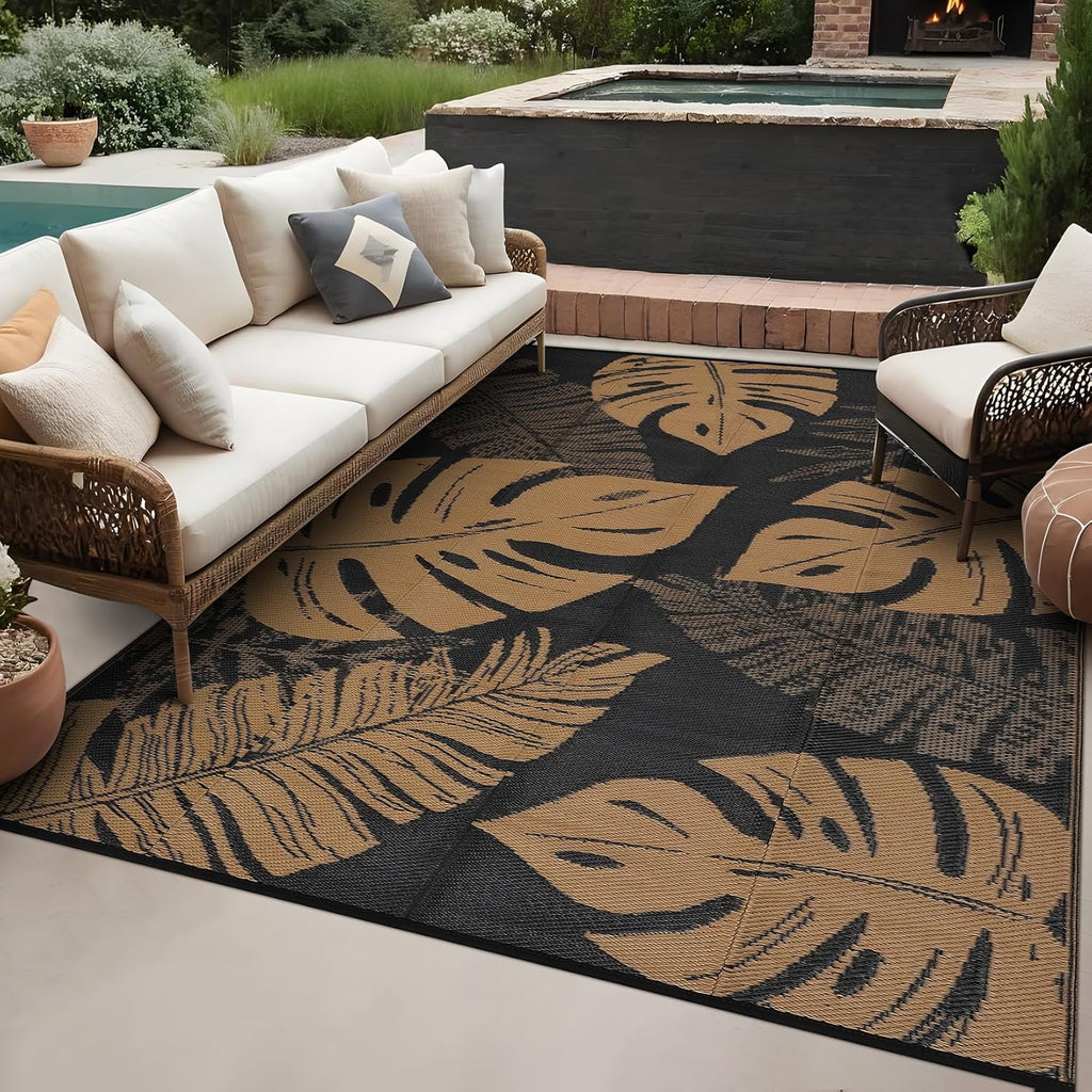GAOMON Outdoor Rug Waterproof 9x12 Outdoor Plastic Straw Rug for Patio, Reversible Modern Camping Mat with Bag & Stakes, UV Resistant & Easy to Clean Carpet for RV, Deck, Balcony, Porch, Brown