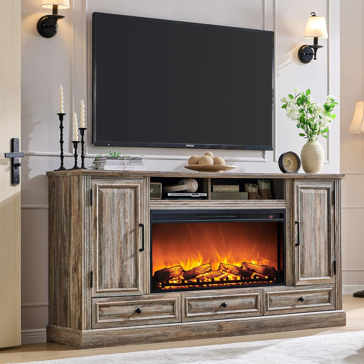 Fireplace TV Stand for 80 Inch TV, 35.7" Tall Farmhouse Entertainment Center W/36'' Electric Fireplace, Media Console with Large Storage Cabinets and Drawers for Living Room, Purple Oak
