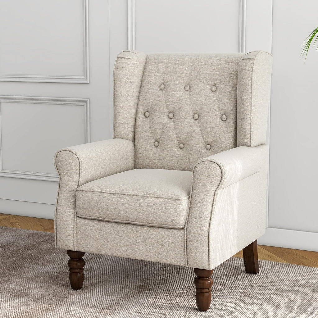 Lumibee High Back Accent Chair,Upholstered Wingback Armchair with Solid Wood Legs for Small Spaces,Comfy Single Sofa Chair for Living Room,Bedroom,Office-Beige