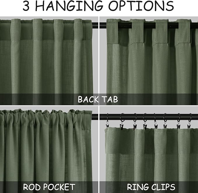 Olive Green Light Filtering Curtains Shourt Linen Sheer Drapes - Image 2