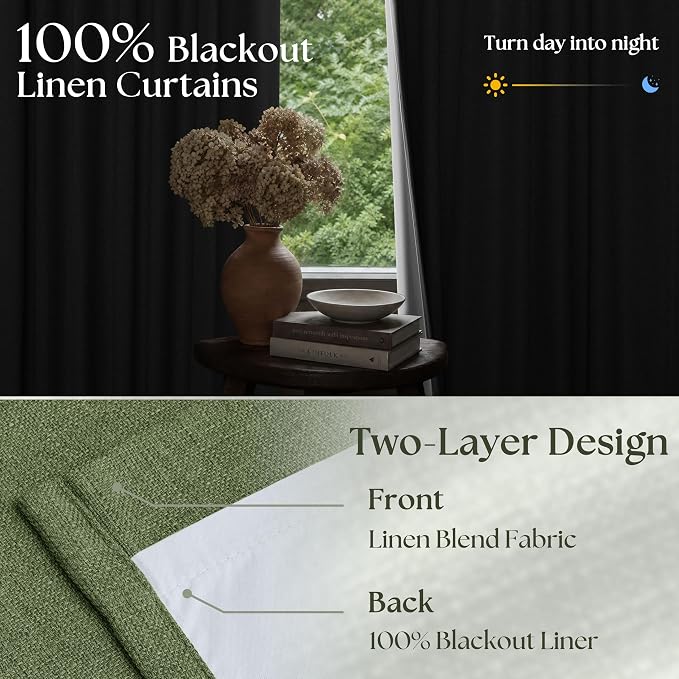 90 Inch Olive Green Linen Pinch Pleated Blackout Curtains - Image 2