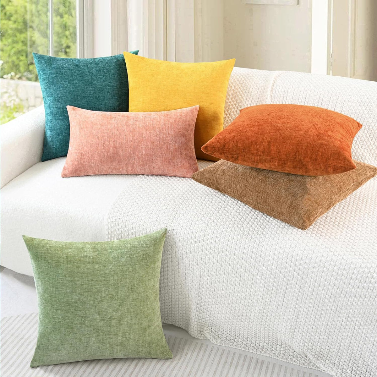 CaliTime Throw Pillow Covers Decorative 24 X 24 Inches Pack of 2 Cozy Chenille Cushion Cases for Couch Sofa Bed Living Room Home Teal