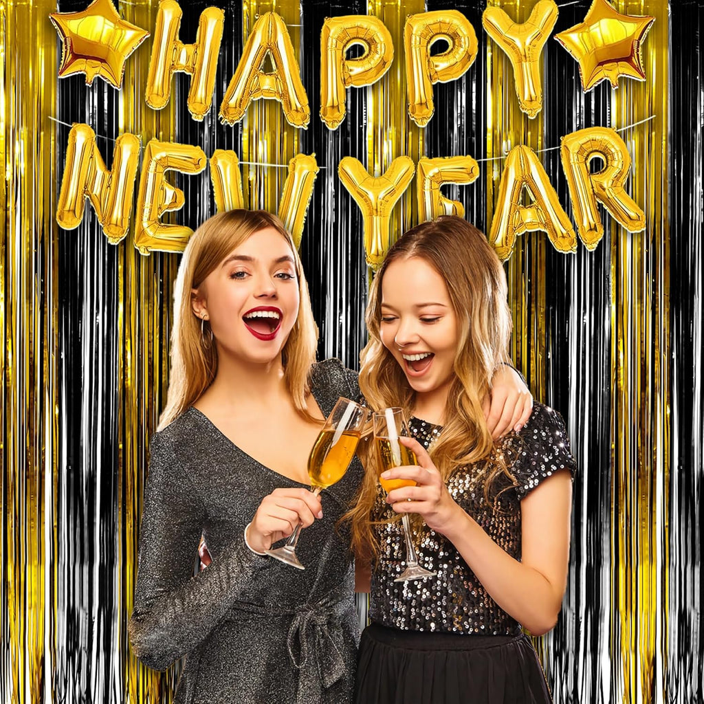 Black and Gold Party Streamers Decoration - GREATRIL Foil Fringe Backdrop for 2025 NYE/Anniversary/Farewell/Cocktail/Prom/EID/Birthdays - 3.2ft X 8.2ft - 2 Packs