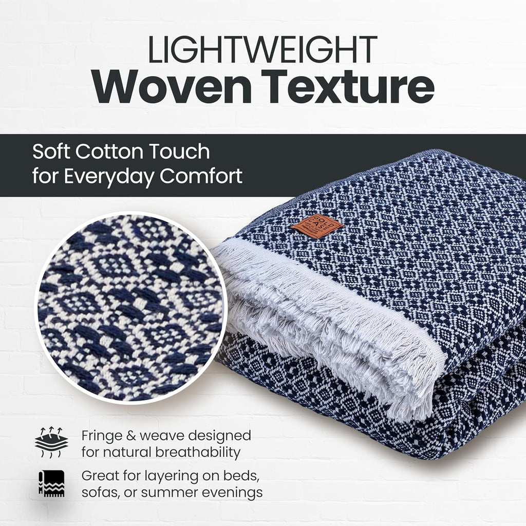 Gold Case Throw Blanket for Bed – 100% Recycled Turkish Cotton Bed Blanket – Decorative Throw Cotton Blankets for Living Room & Bedroom – Retro Navy Blue Woven Queen Blankets – 90x90