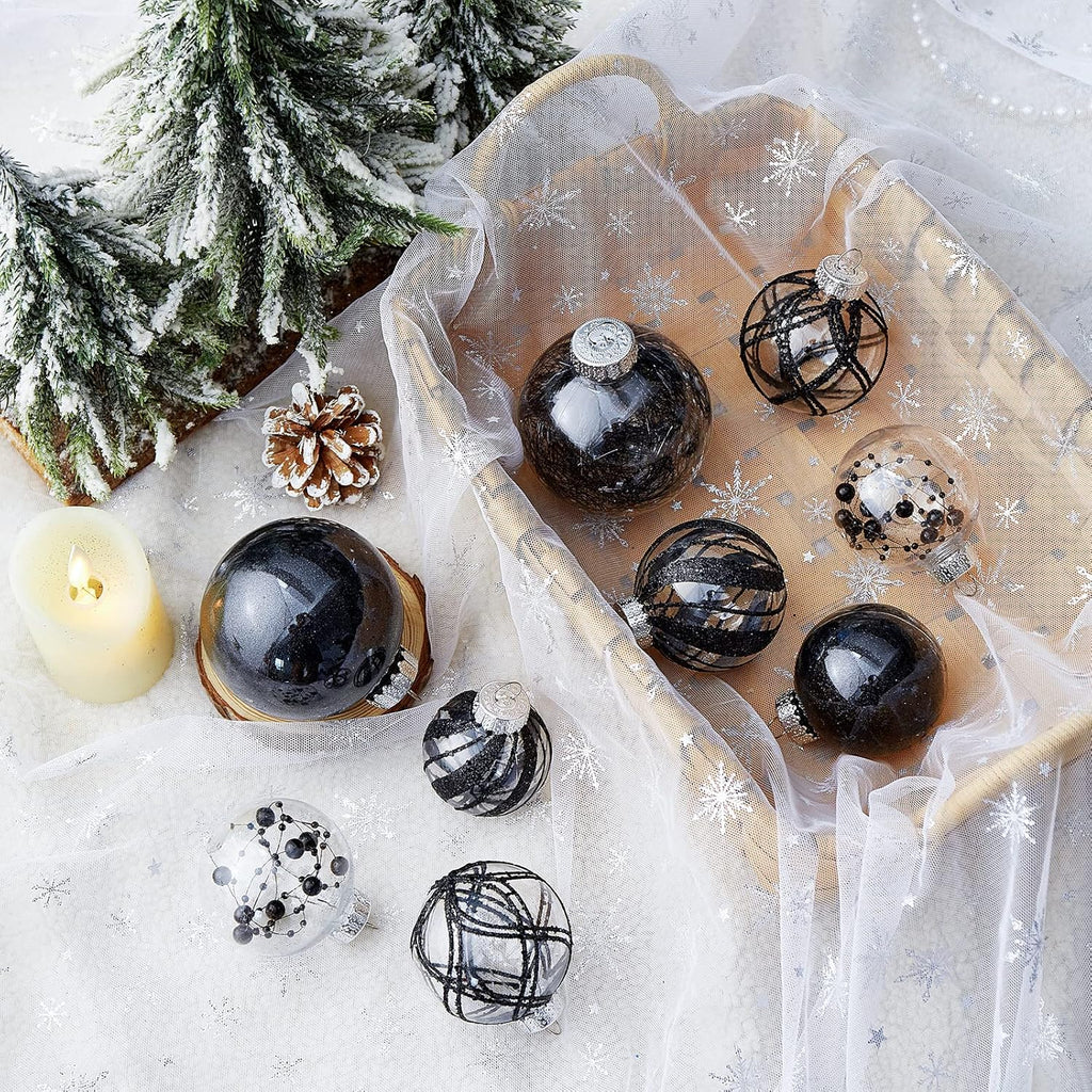 Clear Christmas Ball Ornaments,24ct Shatterproof Plastic Decorative Christmas Ornaments Hanging Xmas Tree Baubles Set with Stuffed Delicate Glittering Decorations for Holiday Party Home Decor(Black)