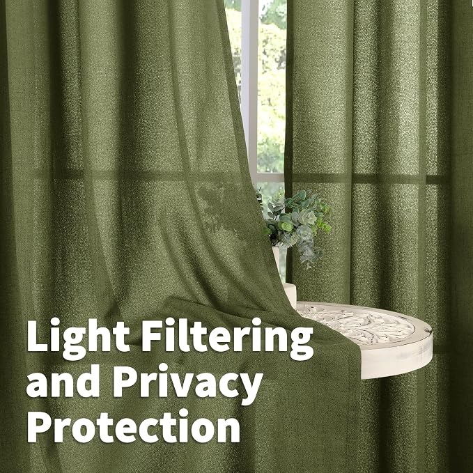 Olive Linen Semi Sheer Curtains 48 Inch Length 2 Panels Light Filtering | Dark - Image 3