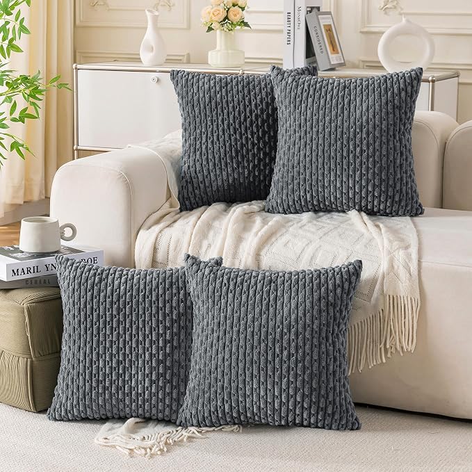 Set of 4 Medium Grey Decorative Throw Pillow Covers 22x22 Inch Corduroy Pillow by Cozoomy