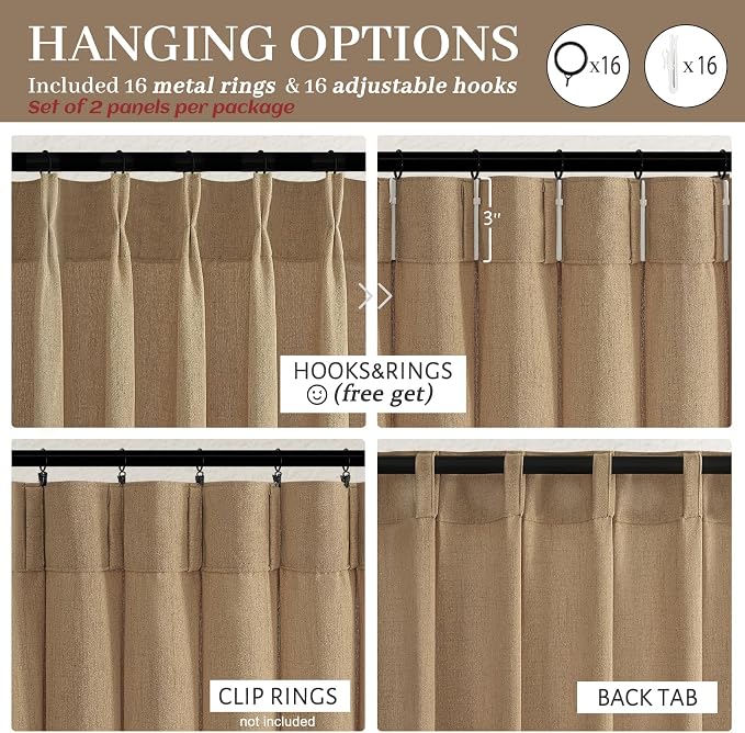 Pinch Pleated Rust Brown Semi Sheer Bedroom Curtains 96 Inches Long 2 Panels Set - Image 4