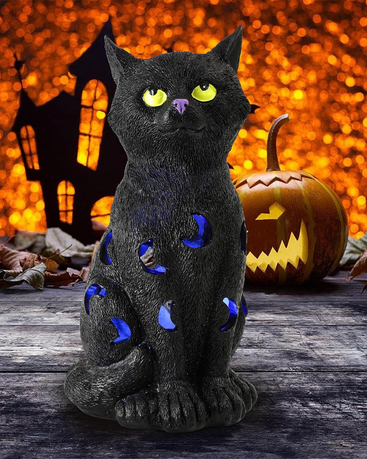 Black Cat Decor Halloween Decorations - 7.3'' Tall Resin Figurine with Moon Cutouts Color-Changing LED Flickering Lights (Halloween Cat)