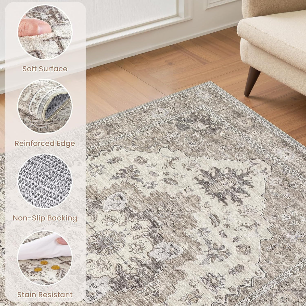 Washable Area Rugs for Living Room - 7x9 Neutral Vintage Distressed Floral Farmhouse Boho Large Soft Floor Rug Indoor Non Slip Carpet for Living Room Bedroom Dining Room Office -Brown/Beige
