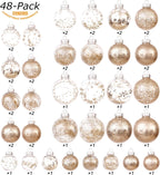 Sea Team Multi-Size Shatterproof Clear Plastic Christmas Tree Ball Ornaments Set, Decorative Hanging Transparent Xmas Baubles with Stuffed Delicate Decorations (48 Counts, Champagne)
