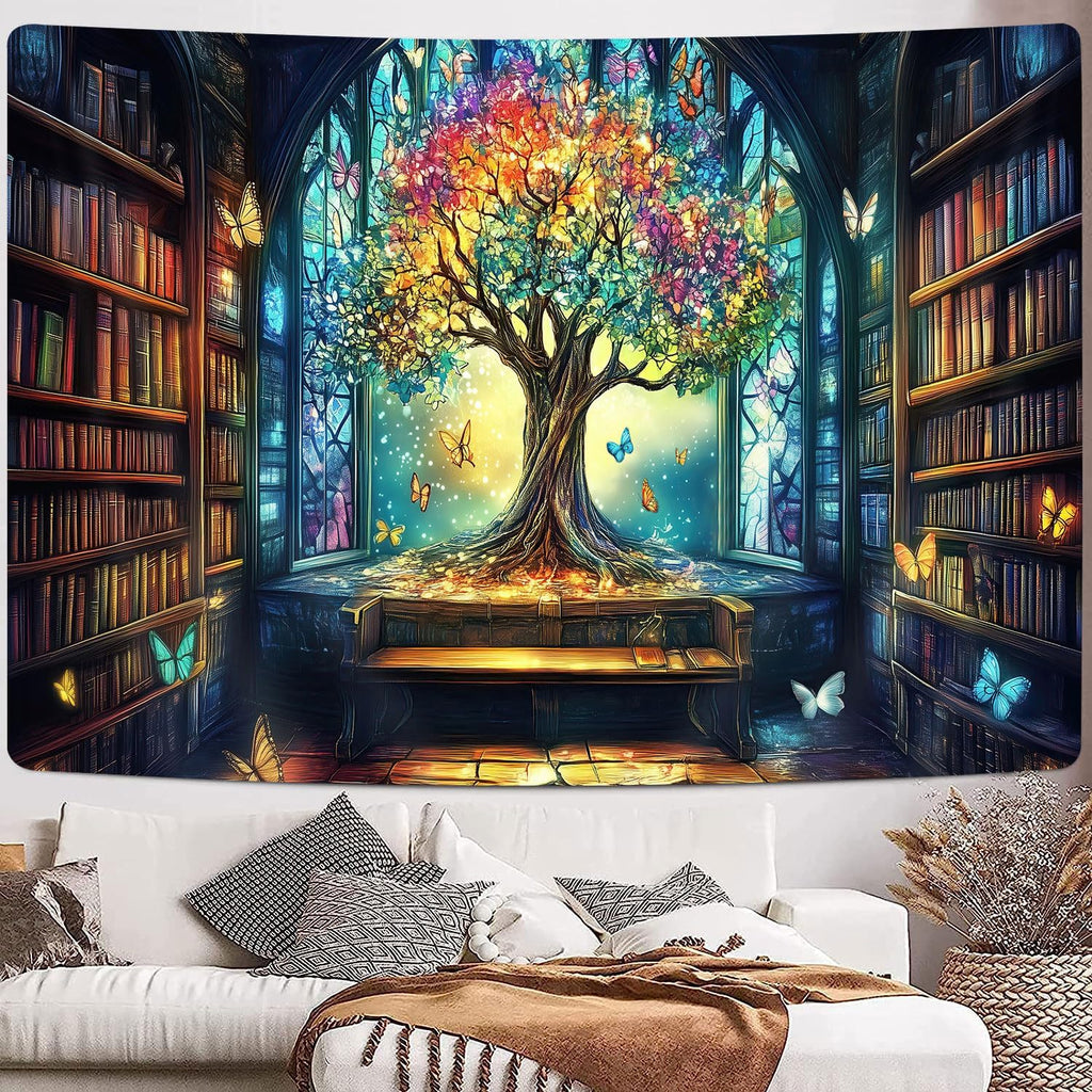 Mysterious Library Tapestry, Fantasy Enchanted Tree Magic Bookshelf Aesthetic Tapestries for Classroom, Witchy Fairy Tree Vintage Bookshelf Book Art Tapestry Wall Hanging College Room Bedroom, 80X60
