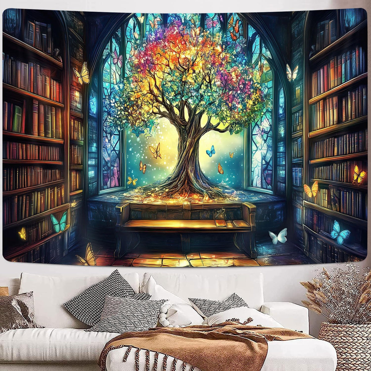 Mysterious Library Tapestry, Fantasy Enchanted Tree Magic Bookshelf Aesthetic Tapestries for Classroom, Witchy Fairy Tree Vintage Bookshelf Book Art Tapestry Wall Hanging College Room Bedroom, 60X40