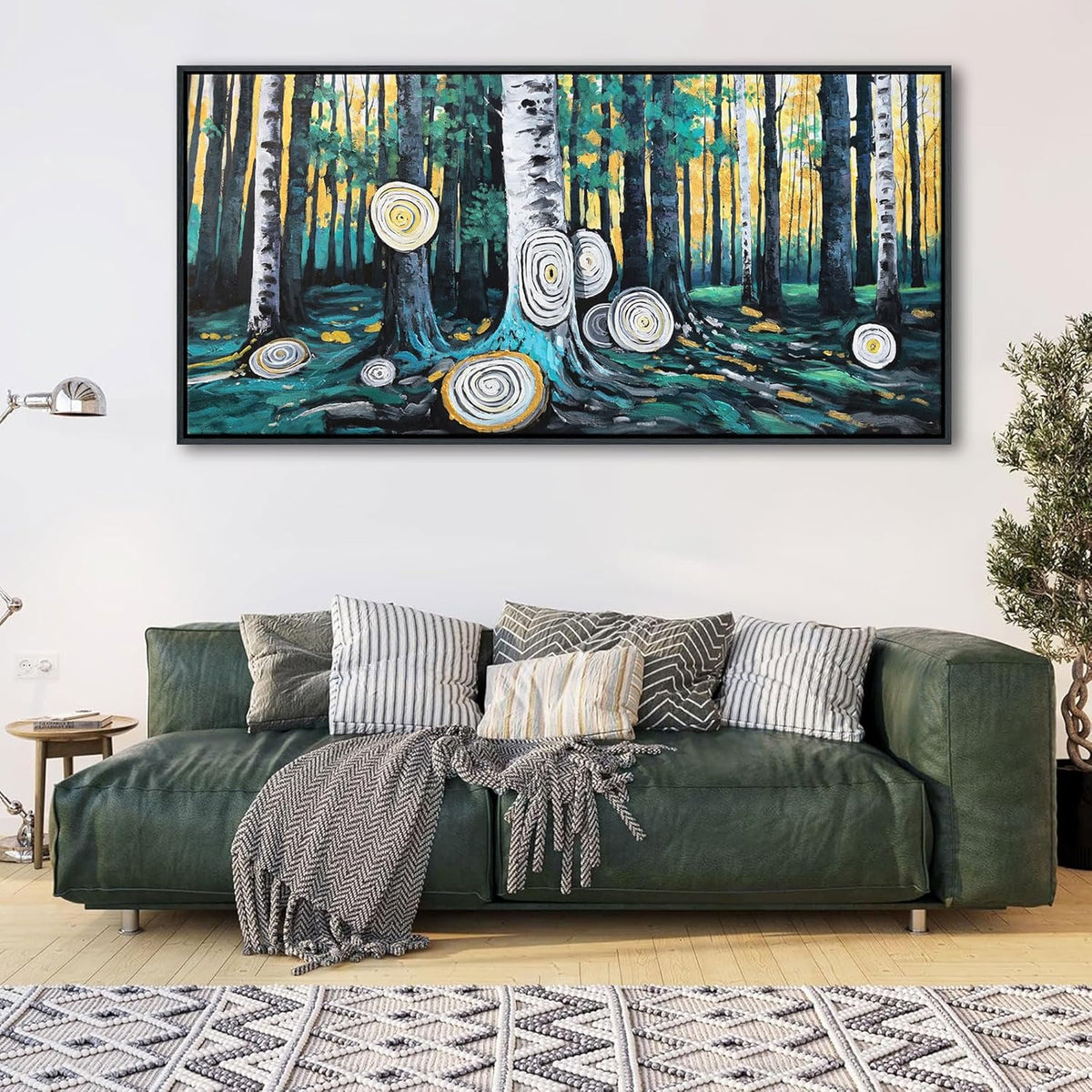 QZQCBLC Large Wall Art Bedroom, Green Tree Yellow Forest Canvas Wall Pictures Modern Abstract Ring Landscape Paintings Artwork for Living room Home Office Artwork Framed Decor 29x58 IN