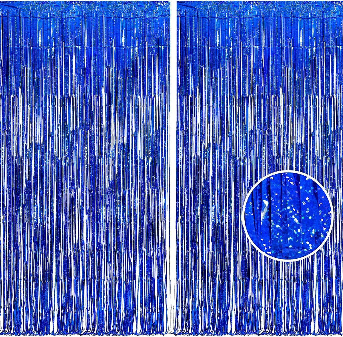BRAVESHINE Blue Tinsel Foil Fringe Curtains - 2Pcs 3.2x8.2 ft Metallic Holidays Photo Backdrop for Boys Men Birthdays Homecoming Bachelor Bachelorette Engagement Sea Theme Ramadan Party Decorations