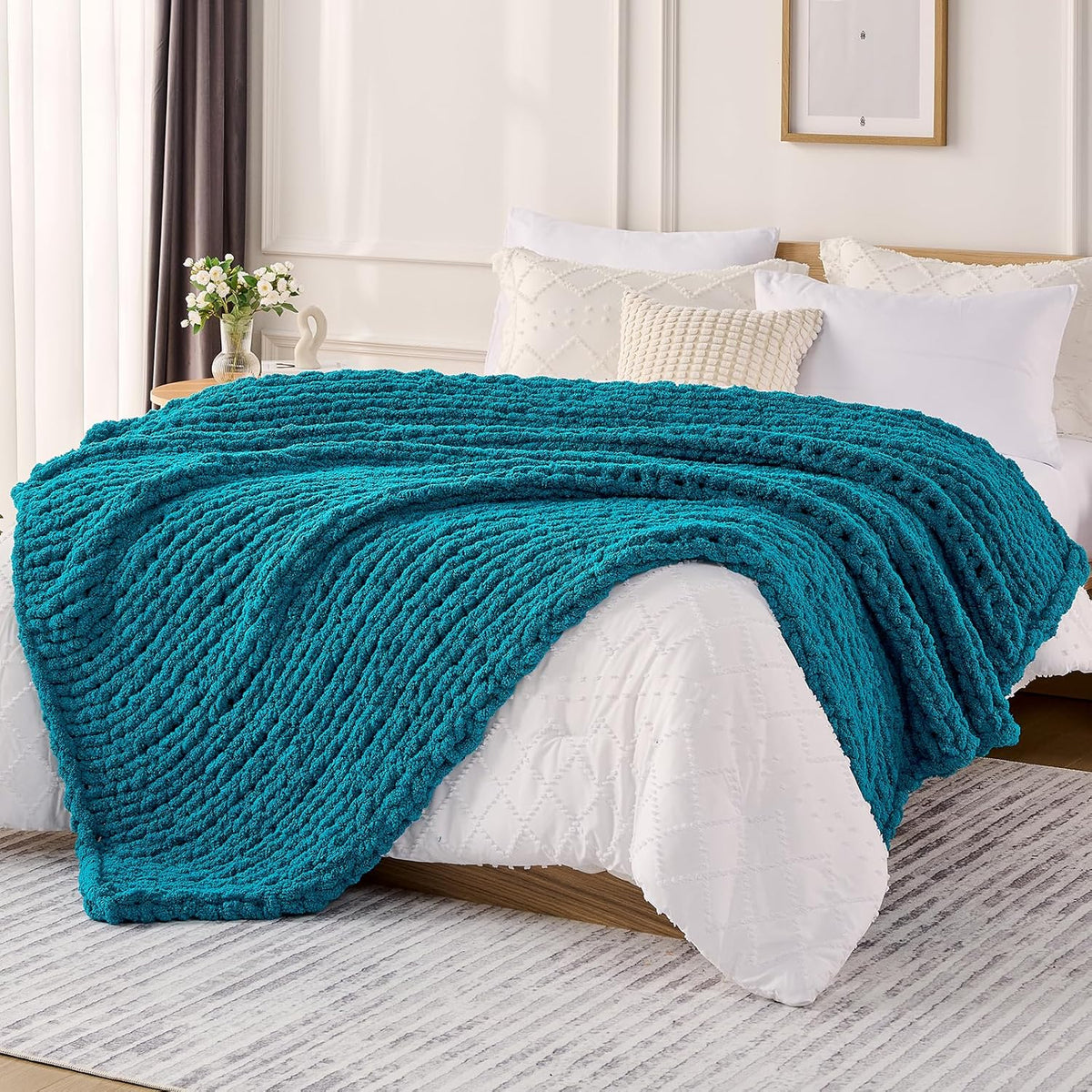 L'AGRATY Chunky Knit Blanket Throw: 60''x80'' Chenille Chunky Knitted Throw Blanket for Bed Couch - Handmade Thick Big Cable Knit Blanket - Large Crochet Rope Blanket for Home Decor(Teal)
