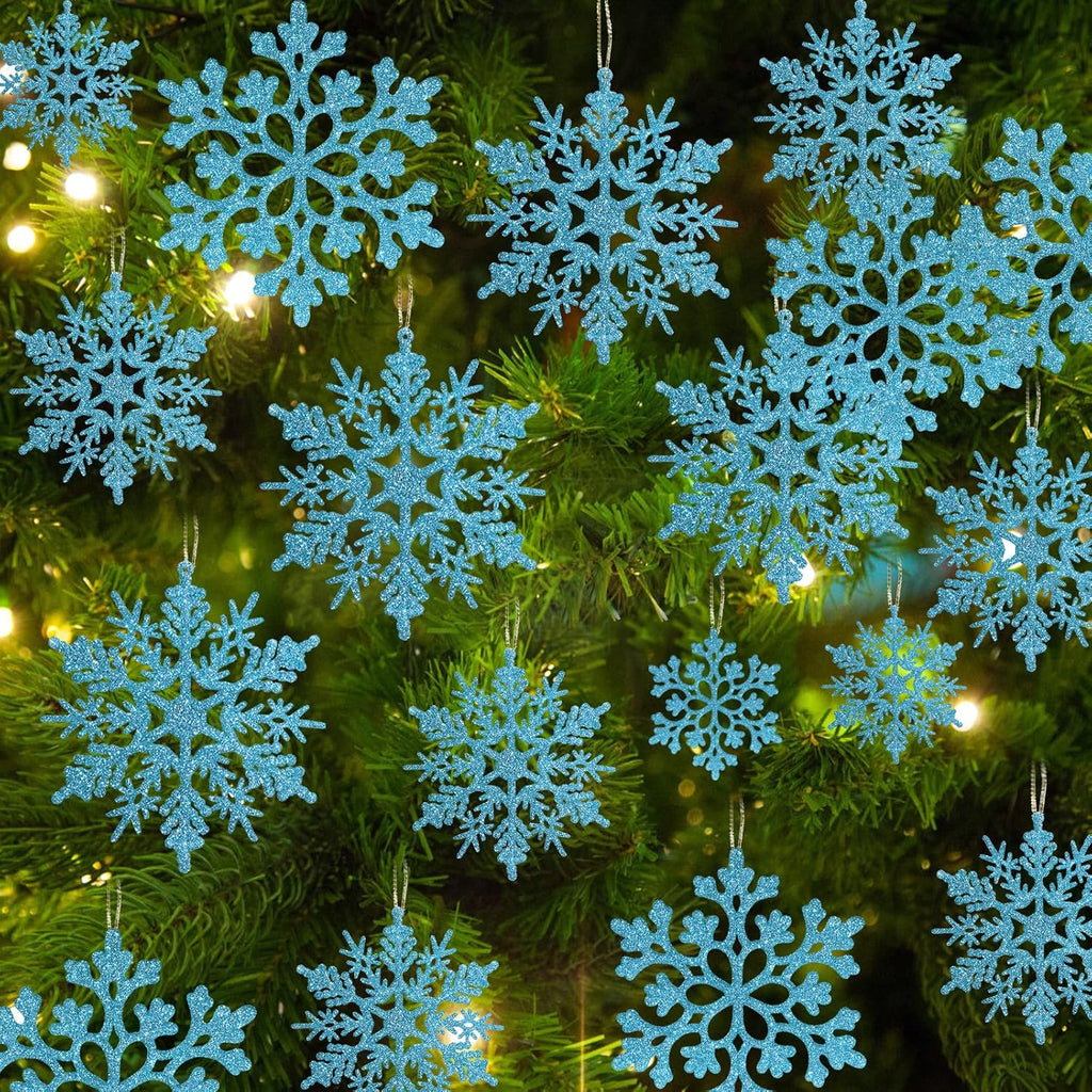 36pcs Christmas Light Blue Snowflake Ornaments Plastic Glitter Snow Flakes Ornaments for Winter Christmas Tree Decorations Size Varies Craft Snowflakes