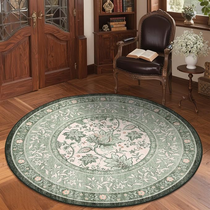 GarveeHome Sage Green Botanical Grove 5ft Round Rug, Small Circle Vintage - Image 4