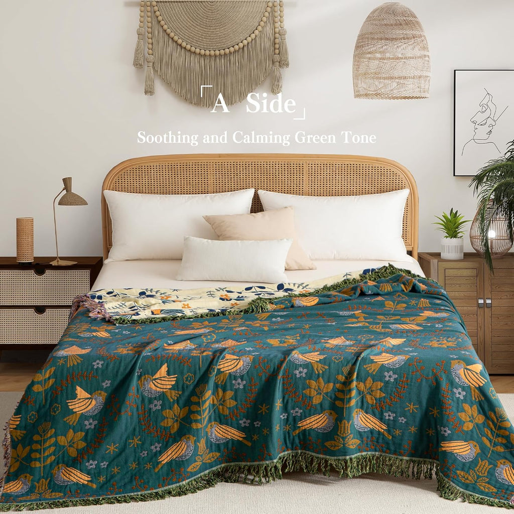 Boho Throw Blanket Twin Size, Soft Cozy Cotton Muslin Quilt Blanket for Bed Decor, Bird Patterned Couch Sofa Chair Cover, Vintage Farmhouse Cottage Tapestry Woven Blanket, Green&Beige
