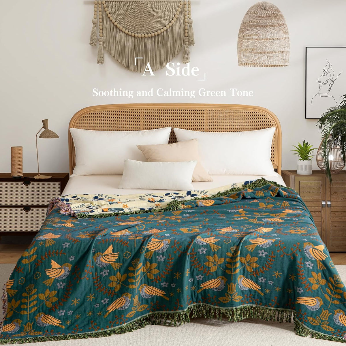Boho Throw Blanket Twin Size, Soft Cozy Cotton Muslin Quilt Blanket for Bed Decor, Bird Patterned Couch Sofa Chair Cover, Vintage Farmhouse Cottage Tapestry Woven Blanket, Green&Beige