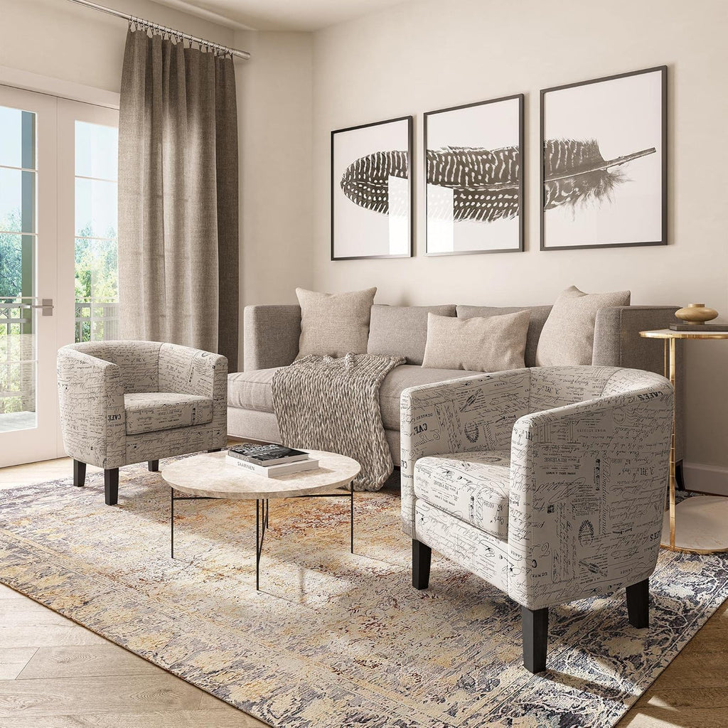 BELLEZE Accent Barrel Chair Set of 2, Linen Round Chair Club Tub Sofa Corner Chair with Flared Legs and Cozy Soft Padding for Living Room Bedroom Waiting Room - Black & Beige