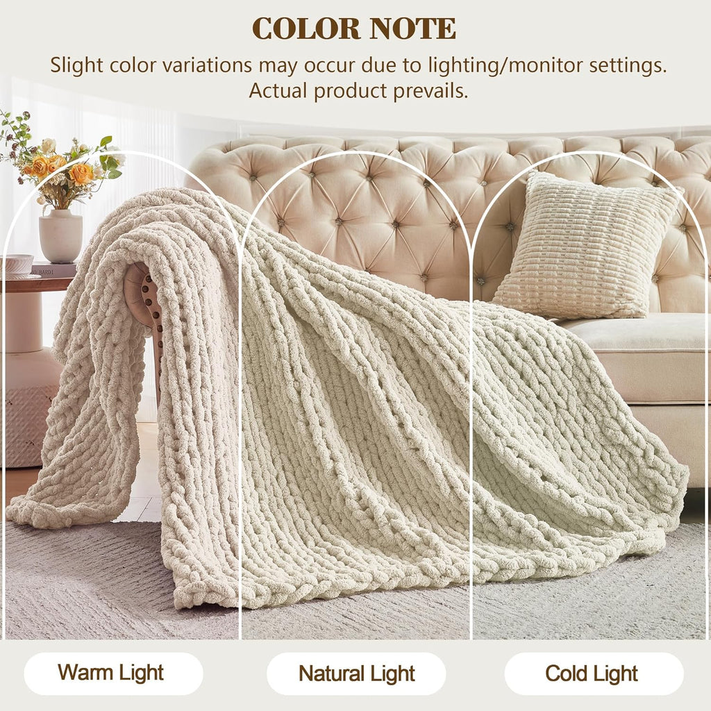 Carriediosa Chunky Knit Throw Blanket 50" X 60", 100% Hand Made Large Chenille Loop Yarn Soft Fluffy Throws for Couch Sofa Bed, Big Crochet Cozy Heavy Thick Cable Woven Blanket, Light Beige