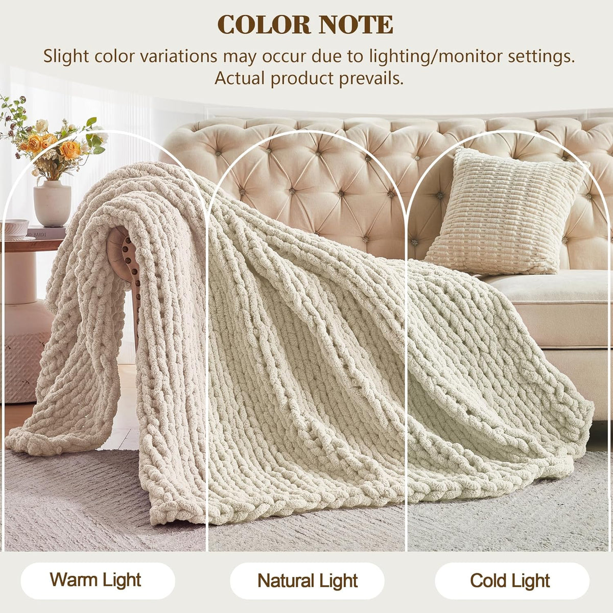 Carriediosa Chunky Knit Throw Blanket 50" X 60", 100% Hand Made Large Chenille Loop Yarn Soft Fluffy Throws for Couch Sofa Bed, Big Crochet Cozy Heavy Thick Cable Woven Blanket, Light Beige