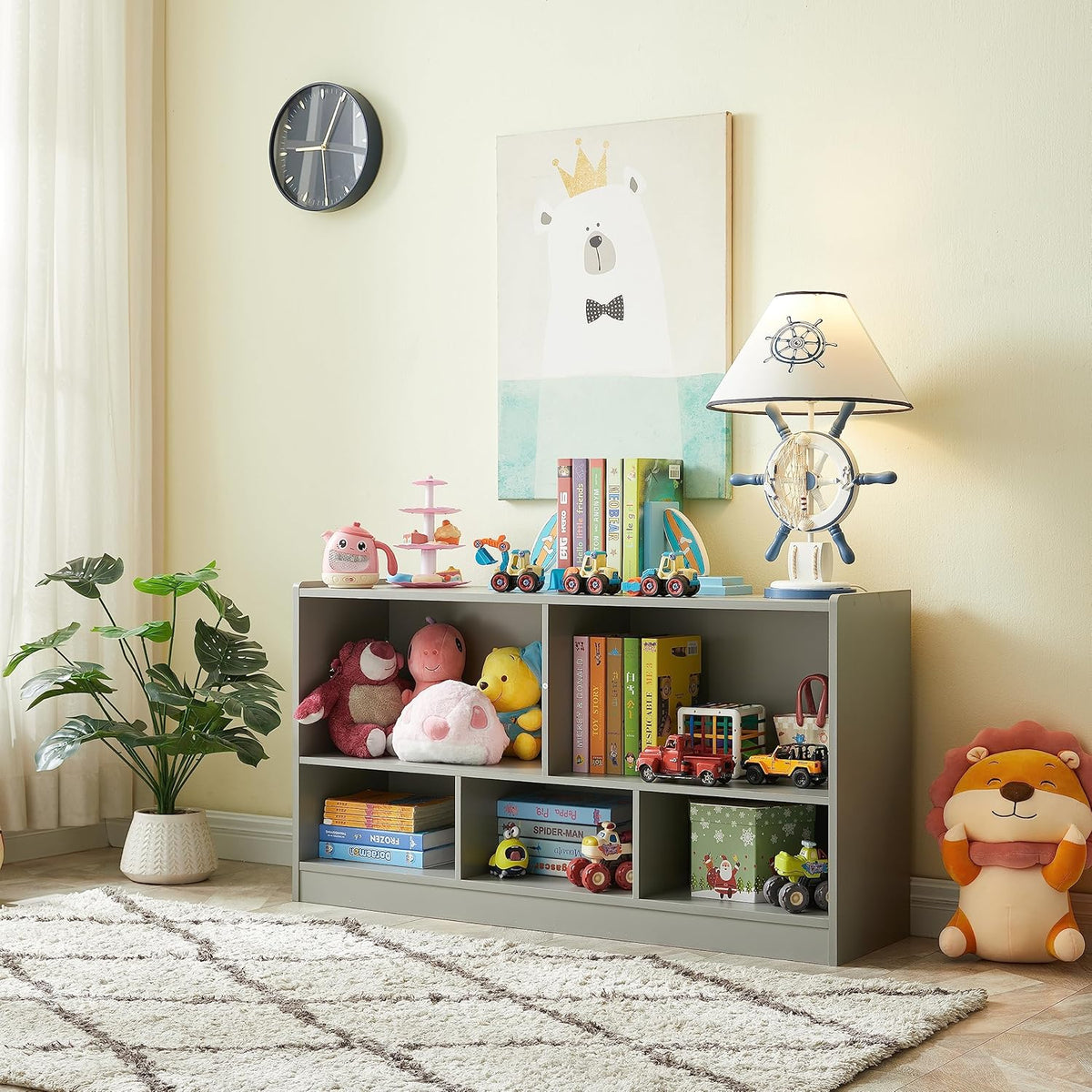Toy Organizers and Storage, 5-Section Kids Bookshelf for Organizing Books Toys, School Classroom Wooden Storage Cabinet for Children's Room, Playroom, Nursery (Grey)