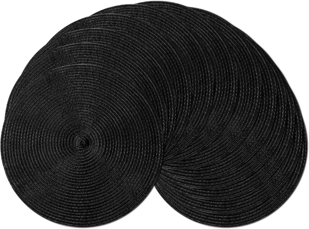 Leetaltree Round Placemats Heat and Slip Resistant Cotton Table Mats, Washable Bohemian Placemats for Dining Tables (Black, Set of 12)