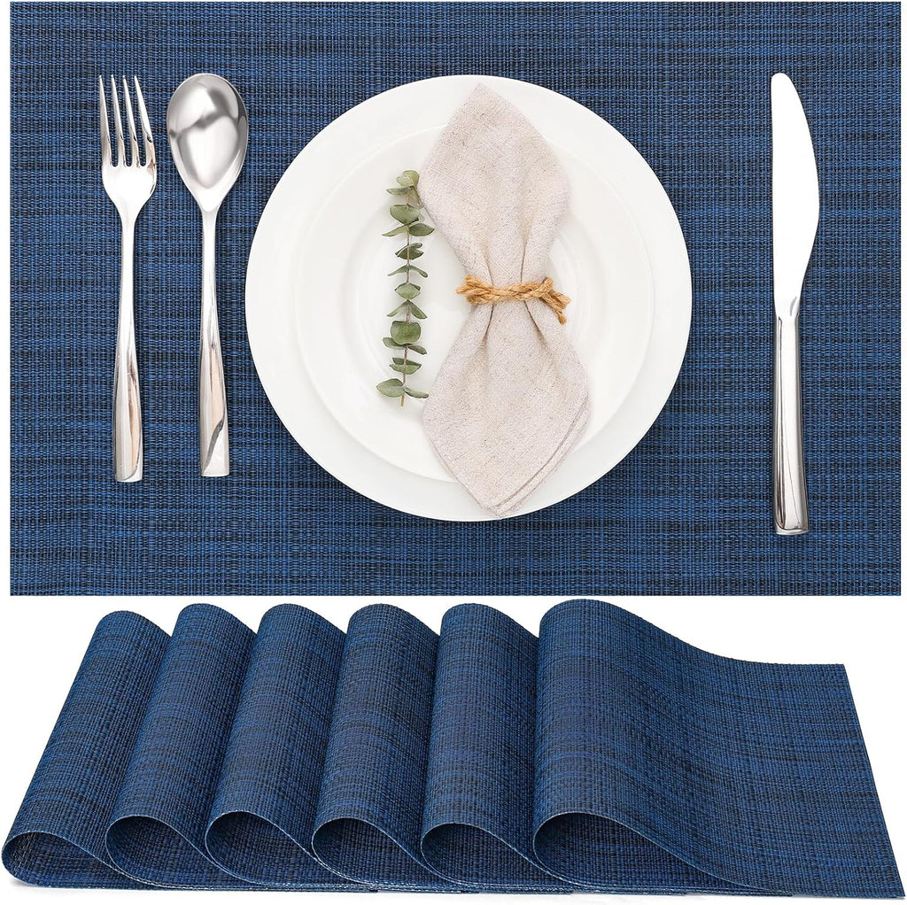 Myir JUN Placemats Set of 6, Vinyl Woven Placemats Place Mats Indoor Washable Table Mats Non-Slip Place mats for Dining Table (Dark Blue, Set of 6)