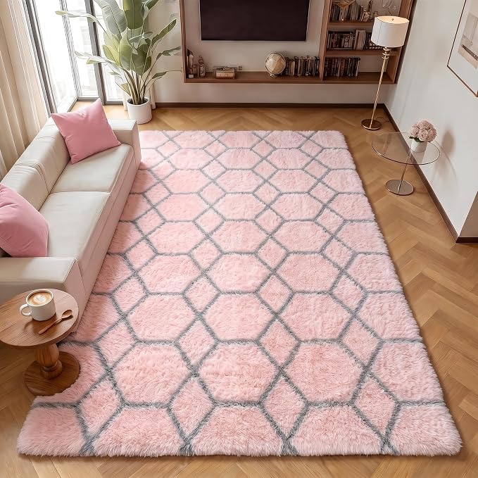Area Rugs for Living Room, 5x8 Fluffy Pink and Grey Bedroom Geometric Rug | - Image 5