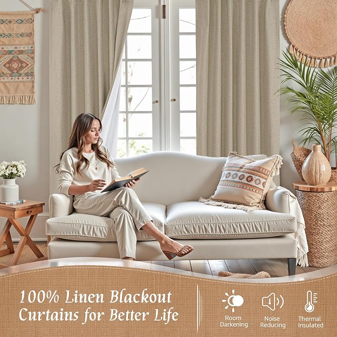 68 Inch 100% Blackout Natural Linen Curtains - Image 2