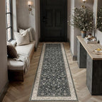2x6 Black Beige Vintage Floral Washable Runner Rug by HUGEAR