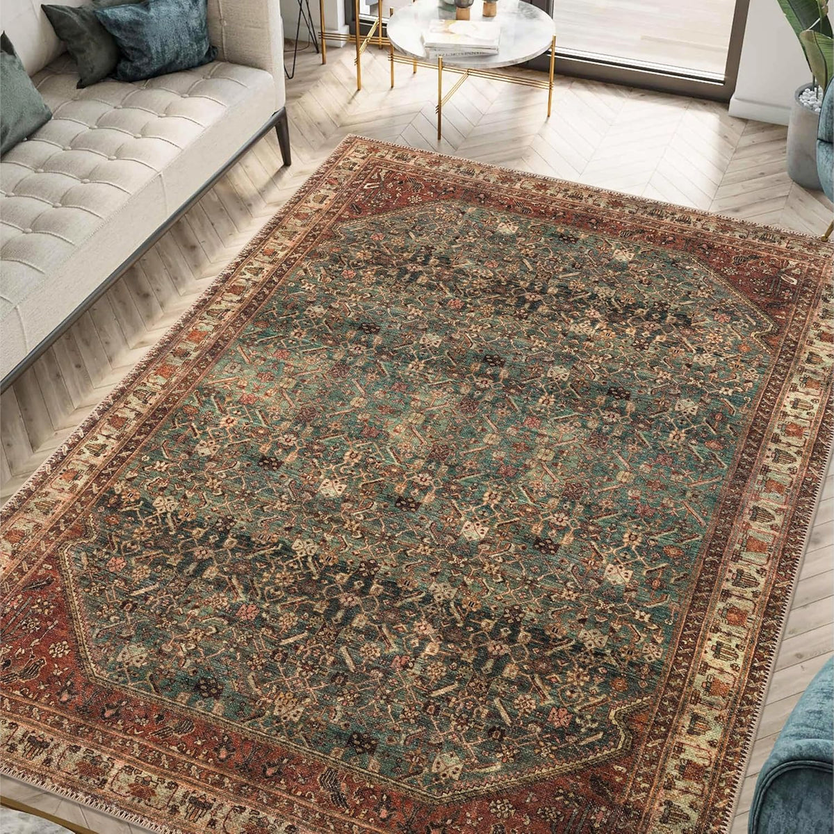 Keen Home Design 5x7 Rug - Machine Washable Area Rug with Non-Slip Backing, Ideal for Living Room, Dining Room, Bedroom - Vintage, Easy Clean, Durable, Low Pile Rug - (5' x 7')
