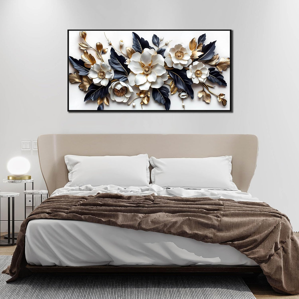 White Flowers Wall Art for Bedroom - White and Gold Wall Art for Office - Framed Wall Art for Living Room Large Size 29" x 59"