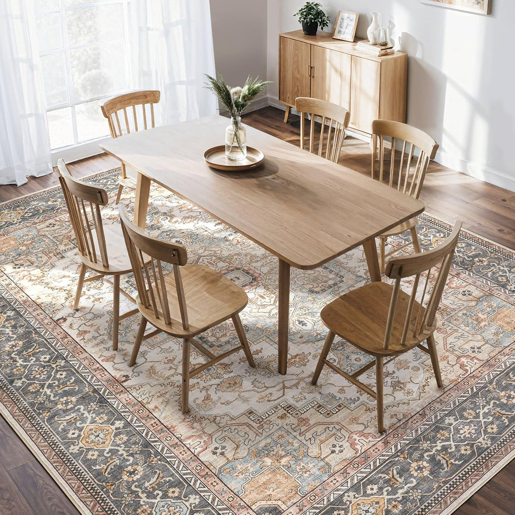 Washable Area Rugs for Living Room - 8x10 Neutral Vintage Distressed Floral Farmhouse Boho Large Soft Floor Rug Indoor Non Slip Carpet for Bedroom Dining Room Office -Forest Green Orange