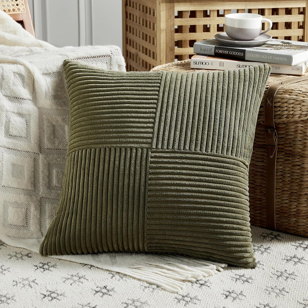 Fancy Homi 2 Packs Olive Green Euro Decorative Throw Pillow Covers 28x28 Inch Room Couch Bed, Rustic Farmhouse Boho Home Decor, Soft Corss Corduroy Patchwork Textured Cushion Case 71x71 cm