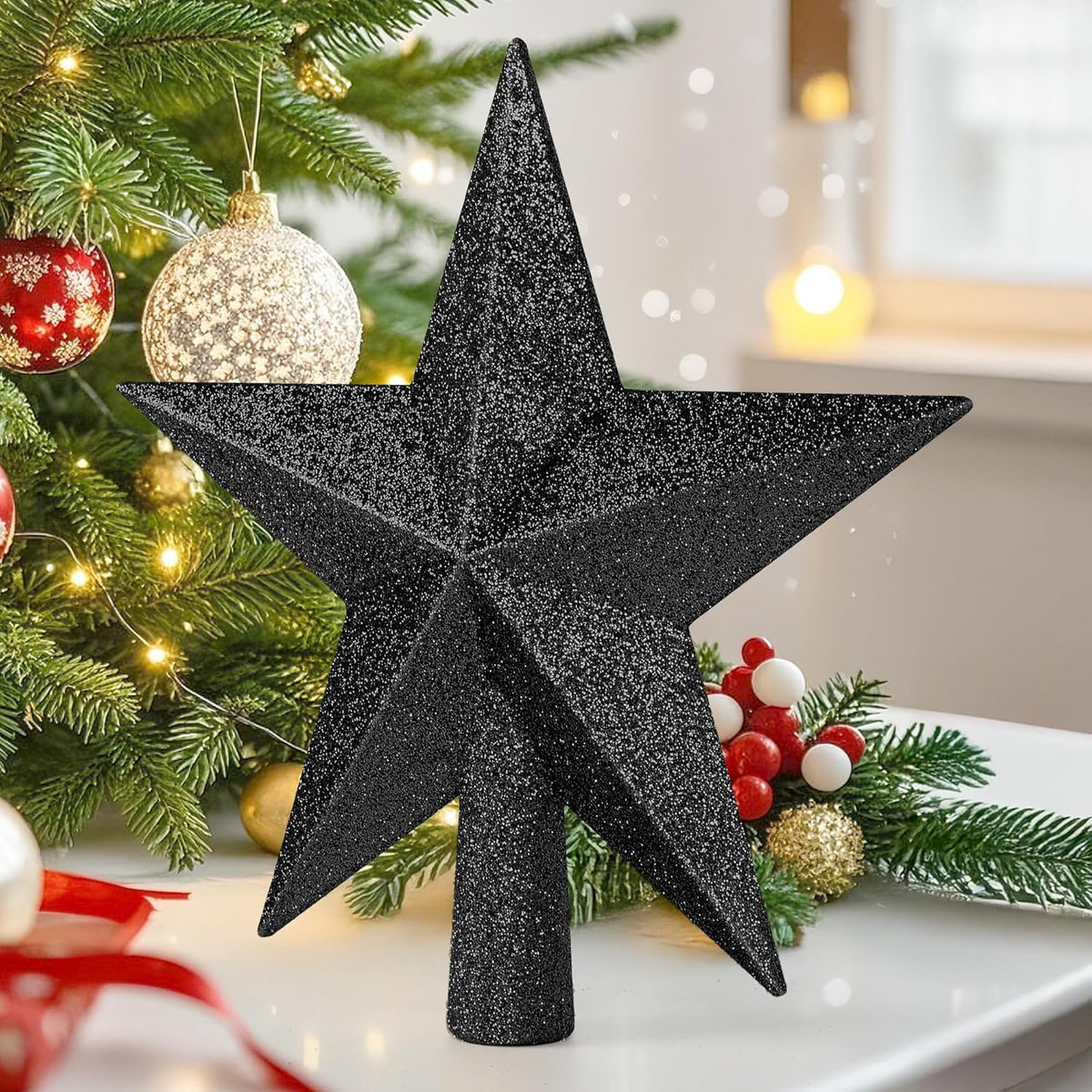Christmas Tree Ornament, 8" Black Christmas Star Tree Topper Accessories, Xmas Glitter 3D Bethlehem Tree Topper Ornament, Waterproof Holiday Christmas Tree Topper Star Decor for Home Indoor Outdoor