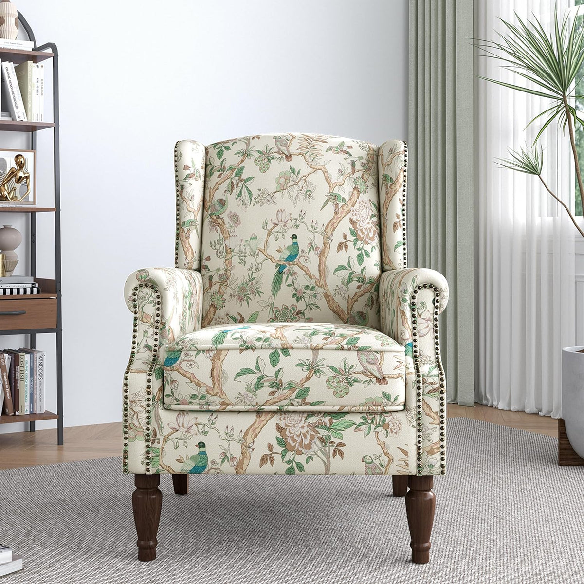 Lumibee High Back Accent Chair, Armchair in Fabric,Comfy Upholstered Wingback Single Sofa Reading Chair with Solid Wood Legs for Living Room,Bedroom,Office-Bird