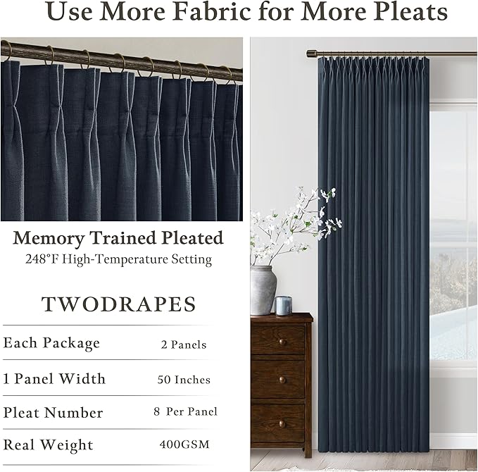 90 Inch Pinch Pleated Linen Light Filter Memory Shaped Navy Blue Curtains | - Image 4
