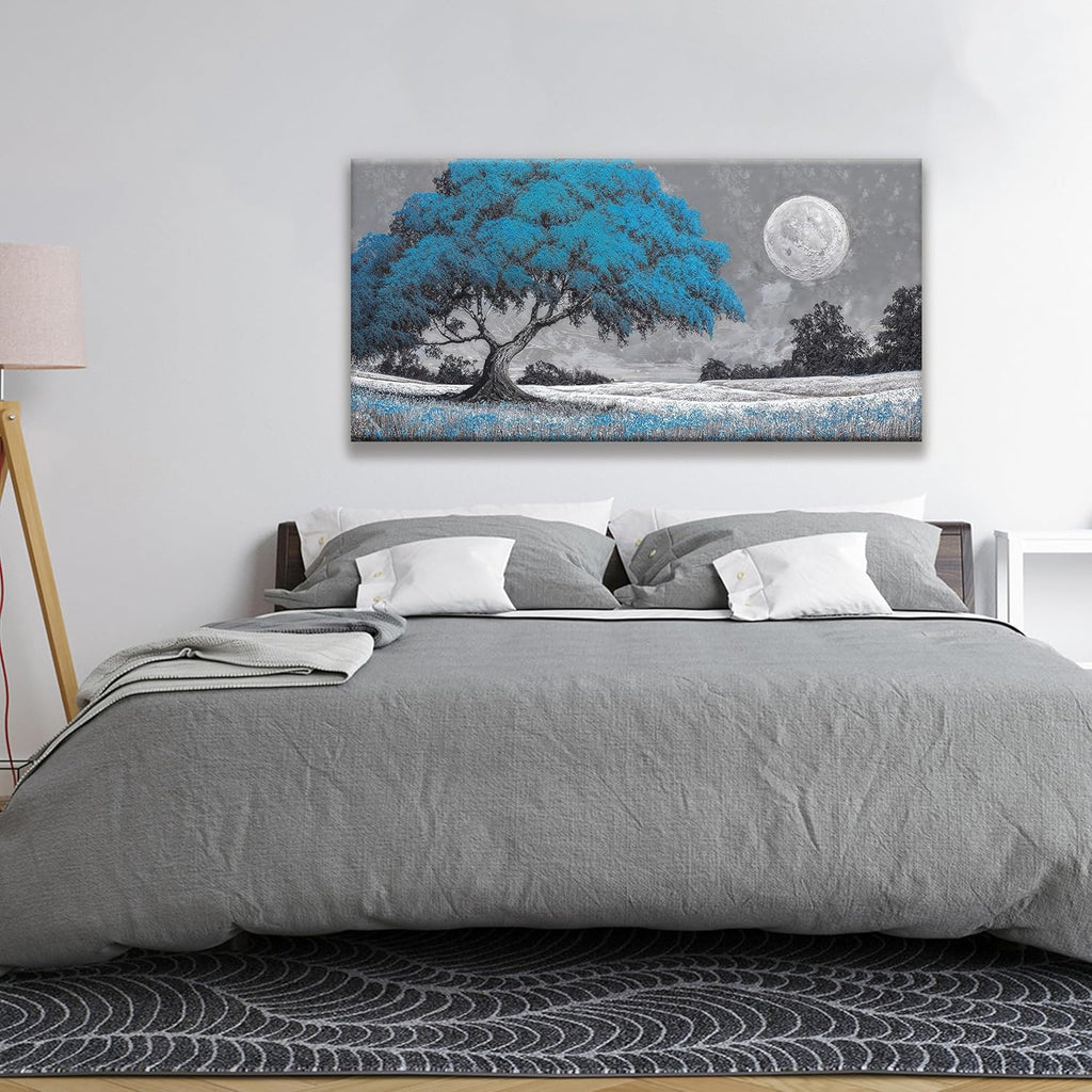 TAIJXAGSG Wall Art For Living Room Blue Tree Moon Canvas Art Wall Print Decor Artwork Print Painting 24" X 48" Modern Wall Art Picture For Bedroom Modern Salon Kitchen Office Home Wall Decor