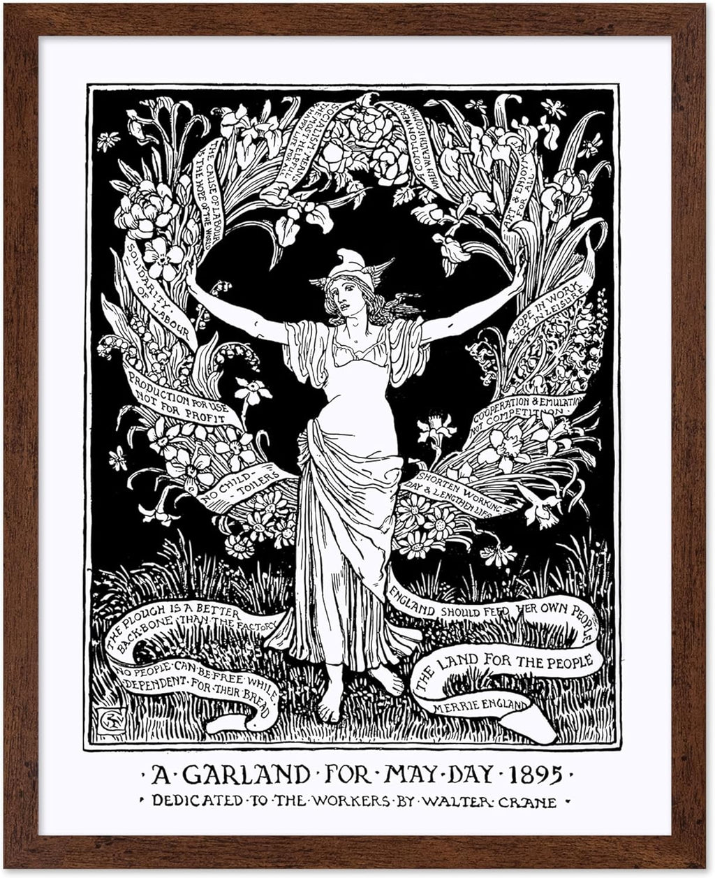Poster Master Vintage Walter Crane Poster - Retro A Garland for May Day Print - Socialist Art - Gift for Him, Her, Men, Women - Wall Decor for Home, Office, Living Room, 11x14 Brown Framed