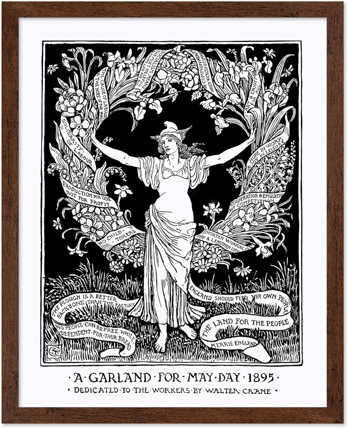 Poster Master Vintage Walter Crane Poster - Retro A Garland for May Day Print - Socialist Art - Gift for Him, Her, Men, Women - Wall Decor for Home, Office, Living Room, 11x14 Brown Framed