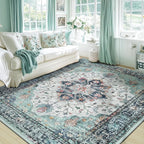 RELEANY Washable Area Rug, Teal Green/White/Navy | Non-Slip, Water Repellent - Image 2
