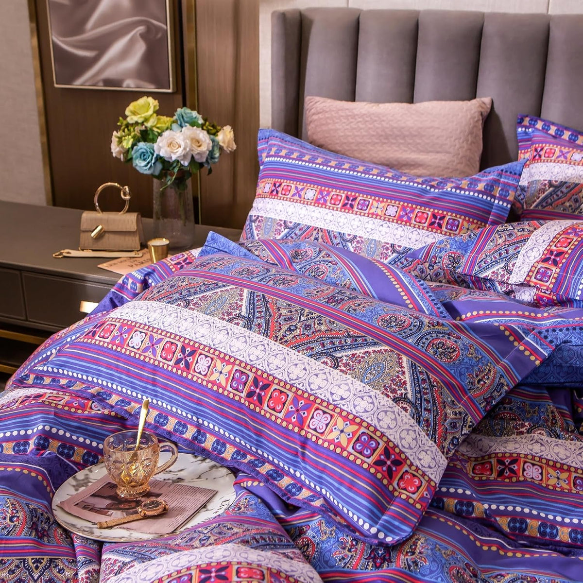 ABREEZE Bohemian Vintage Cal.King Size Floral Cotton Bedding Set 3Pcs Duvet Cover Set Boho Purple Paisley 100% Egyptian Brushed Cotton Reversible Home Bedding Collection